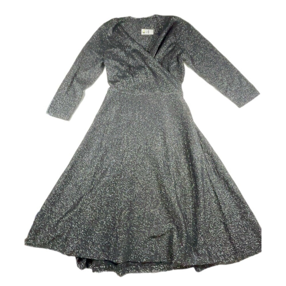 Talbots Merino Wool Silver Sparkle Black Midi Wrap Dress M